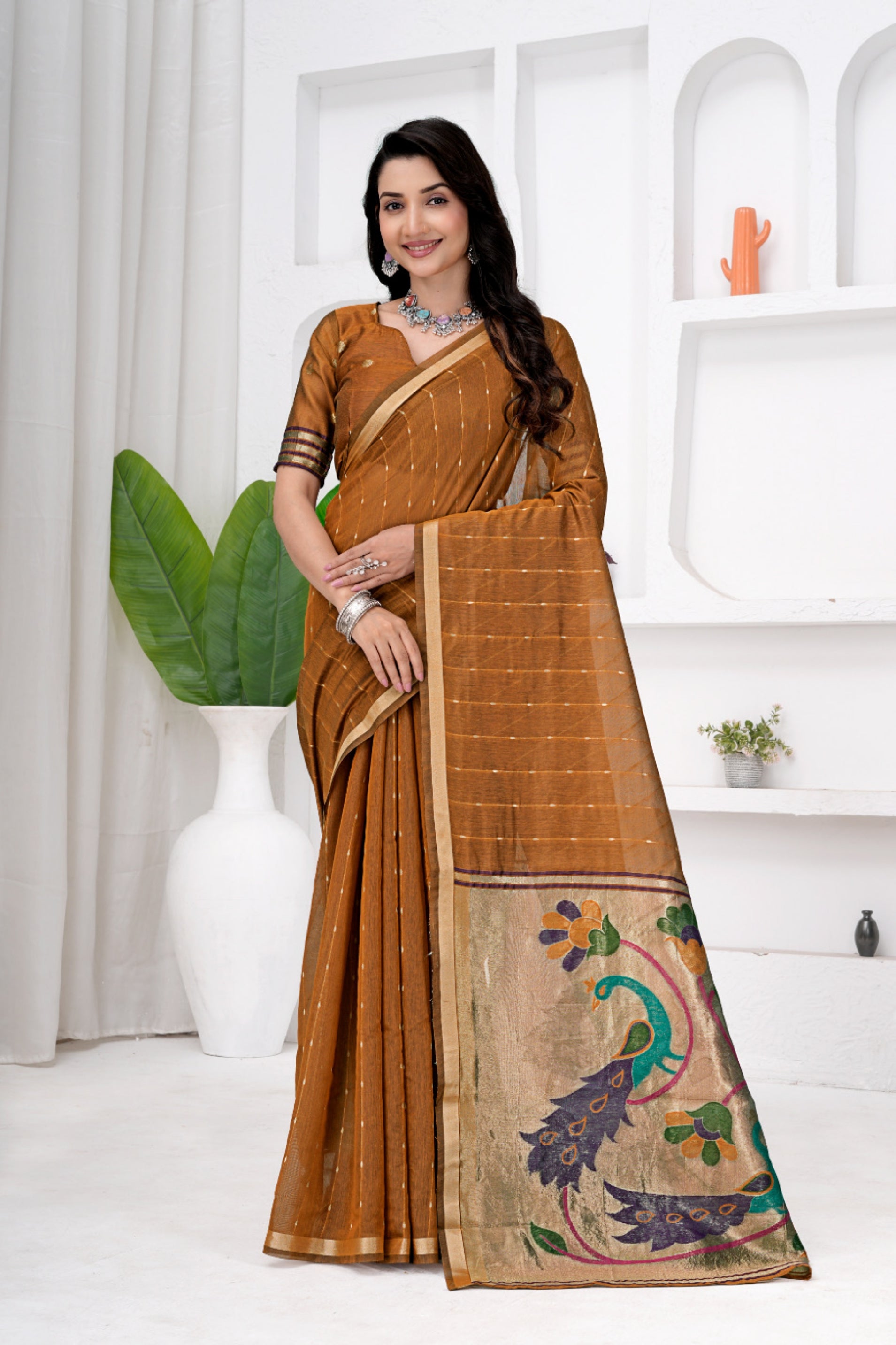 Saumyani Fashion Cotton Silk Brown Jamdani saree Wedding Wear,Festival wear Saree For Women