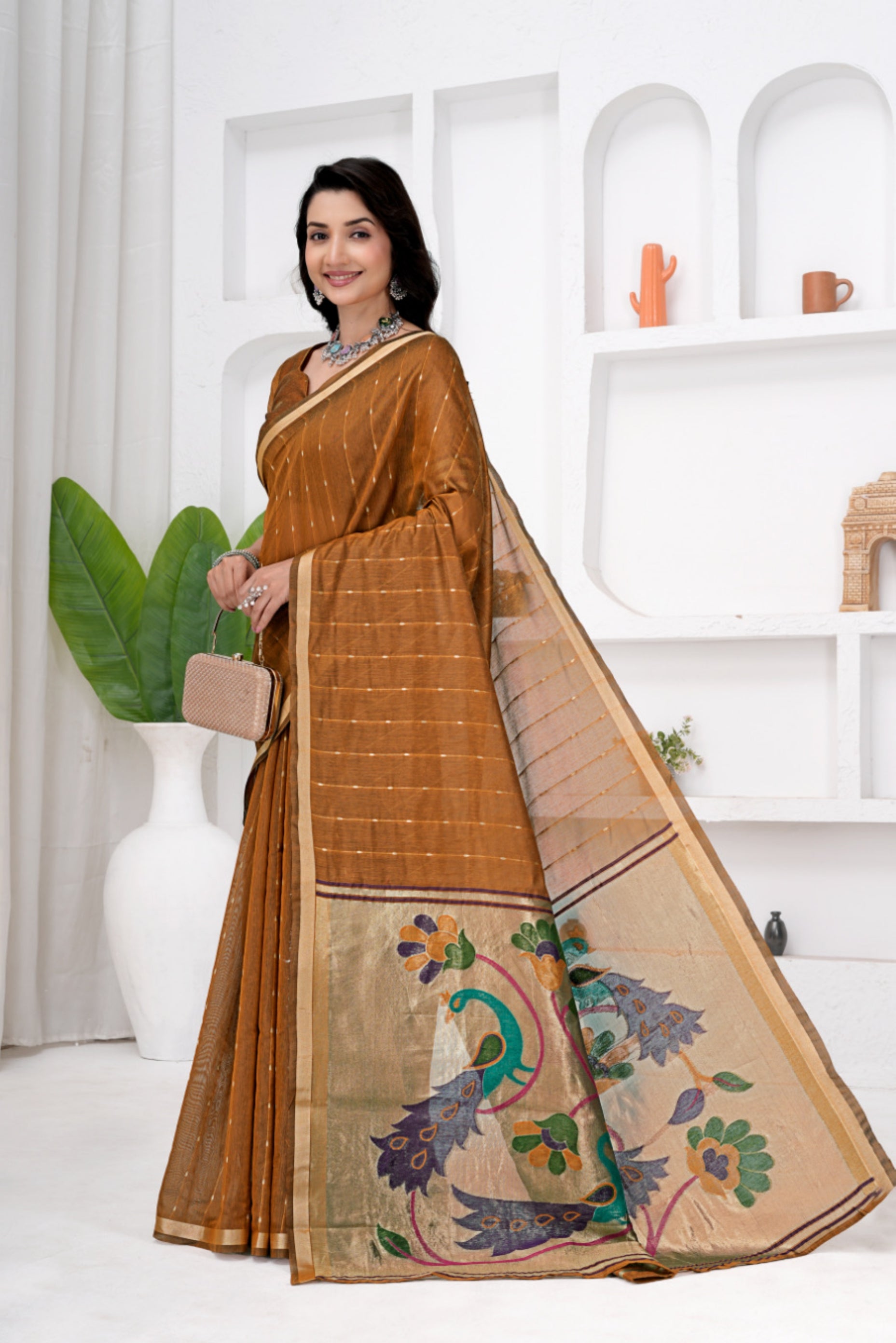 Saumyani Fashion Cotton Silk Brown Jamdani saree Wedding Wear,Festival wear Saree For Women
