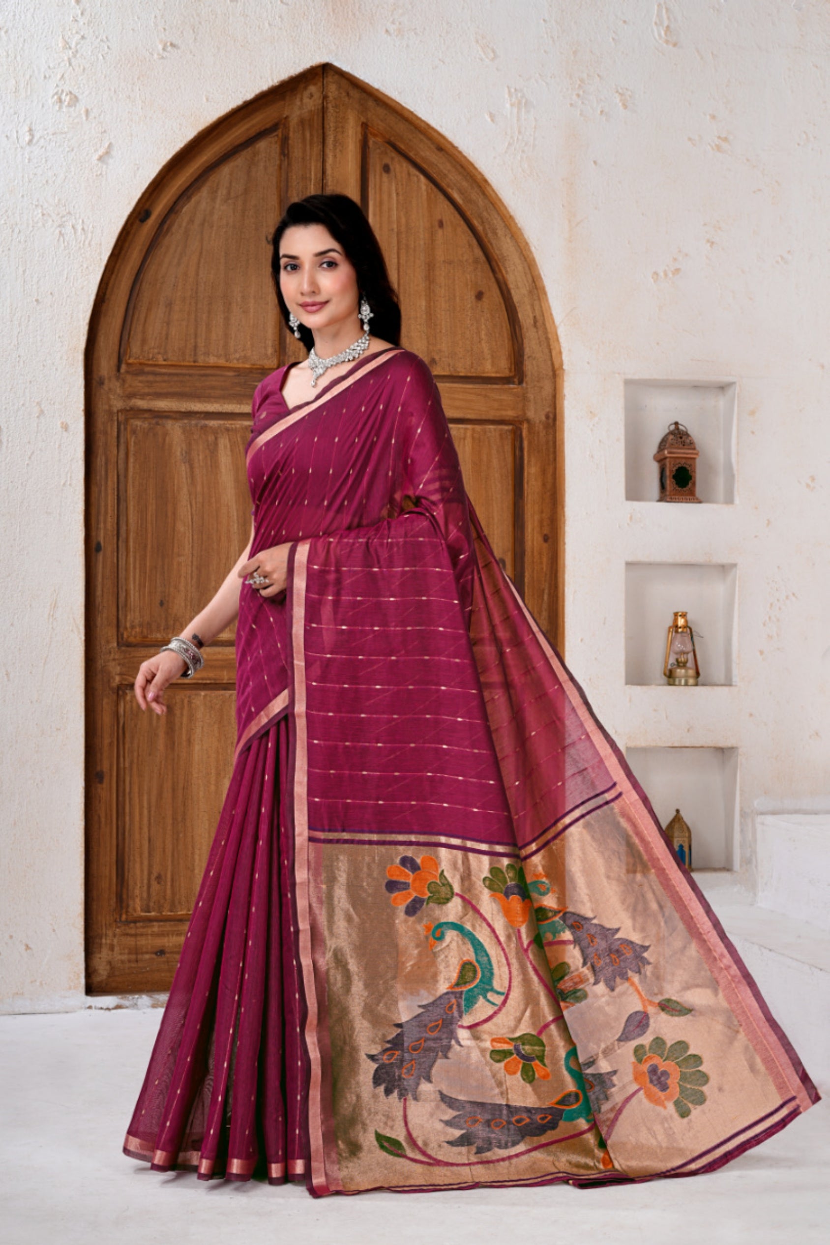 Saumyani Fashion Cotton Silk Maroon Jamdani saree Wedding Wear,Festival wear Saree For Women
