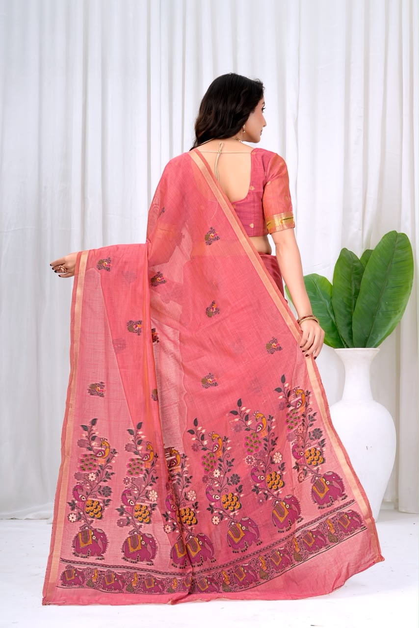 Saumyani Fashion Cotton Silk Pink Fancy Saree Wedding Wear,Festival wear Saree For Women