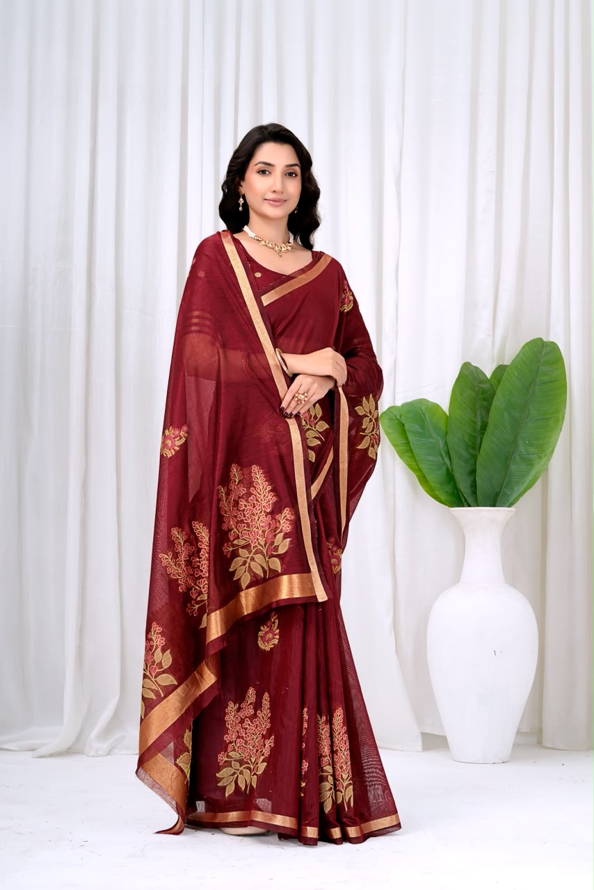 Saumyani Fashion Cotton Silk Maroon Fancy Saree Wedding Wear,Festival wear Saree For Women