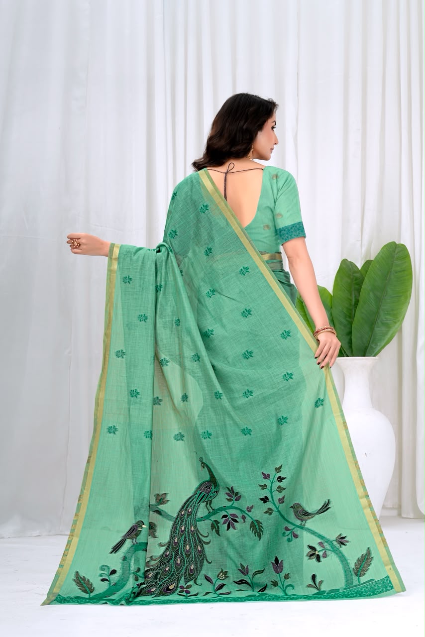 Saumyani Fashion Cotton Silk Green Fancy Saree Wedding Wear,Festival wear Saree For Women