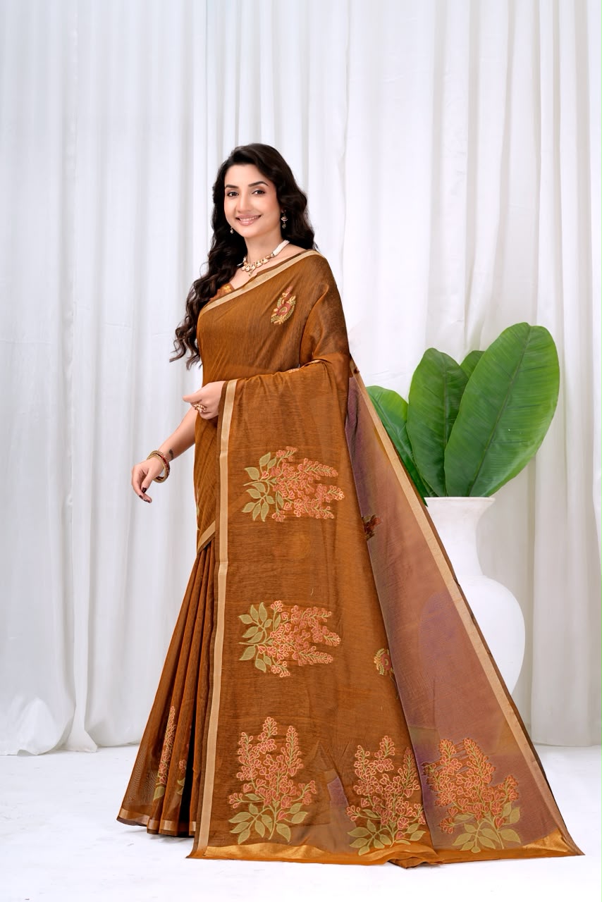 Saumyani Fashion Cotton Silk Brown Fancy Saree Wedding Wear,Festival wear Saree For Women