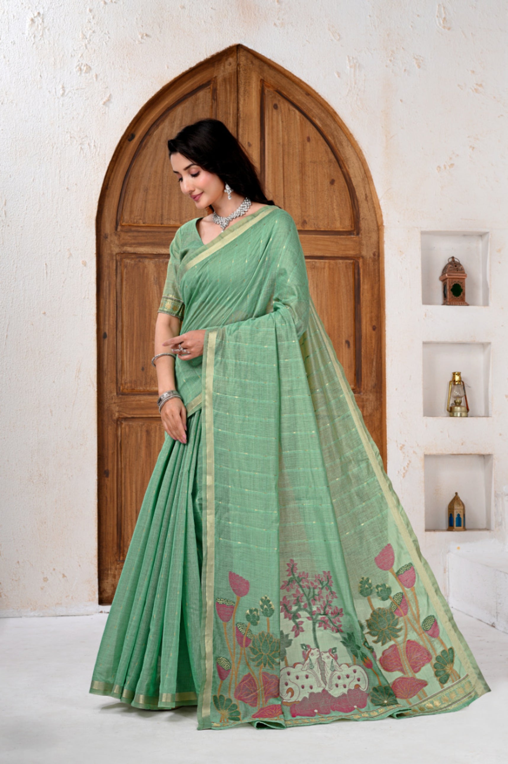 Saumyani Fashion Cotton Silk Parrot Green Jamdani saree Wedding Wear,Festival wear Saree For Women