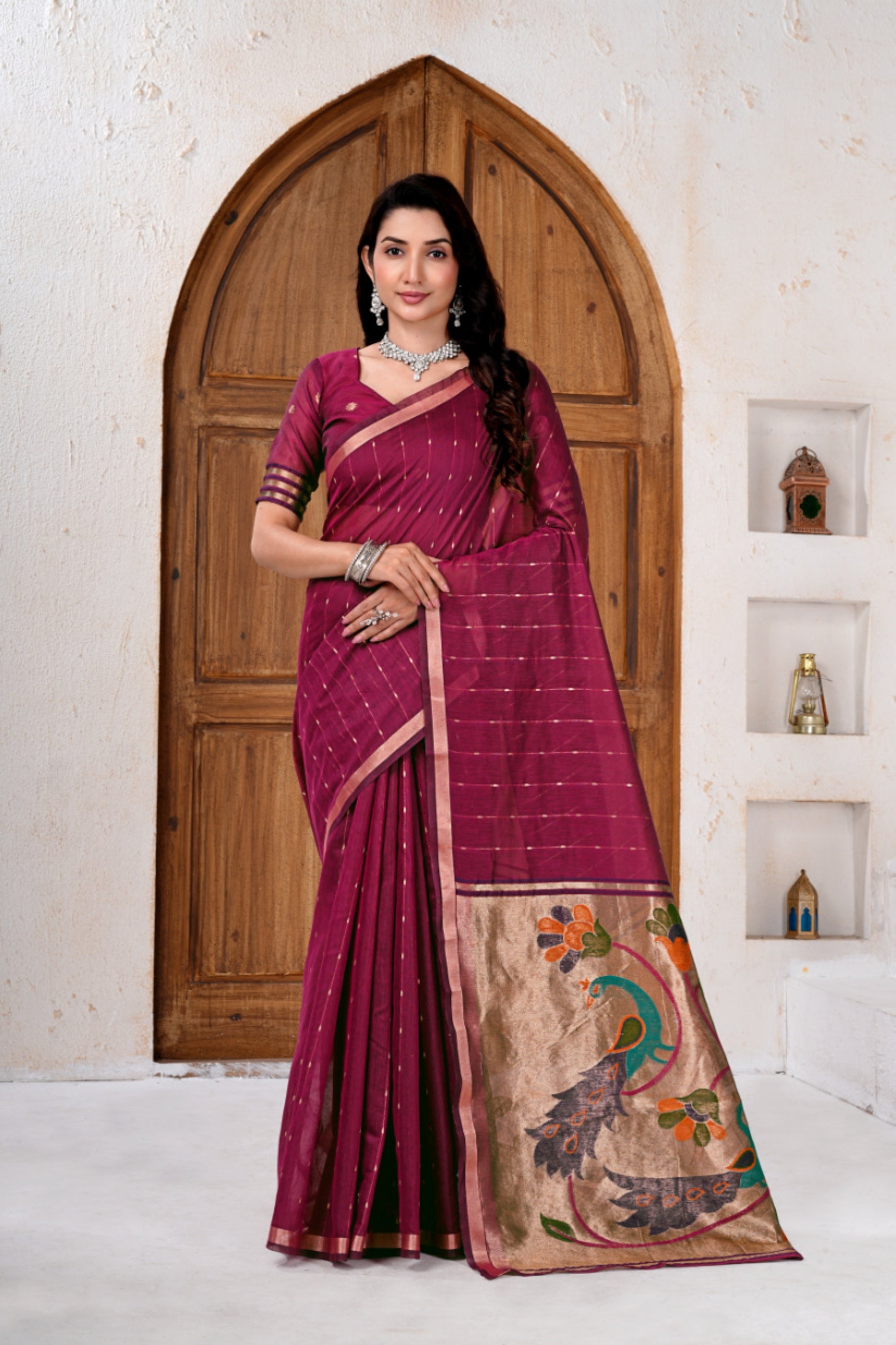 Saumyani Fashion Cotton Silk Maroon Jamdani saree Wedding Wear,Festival wear Saree For Women