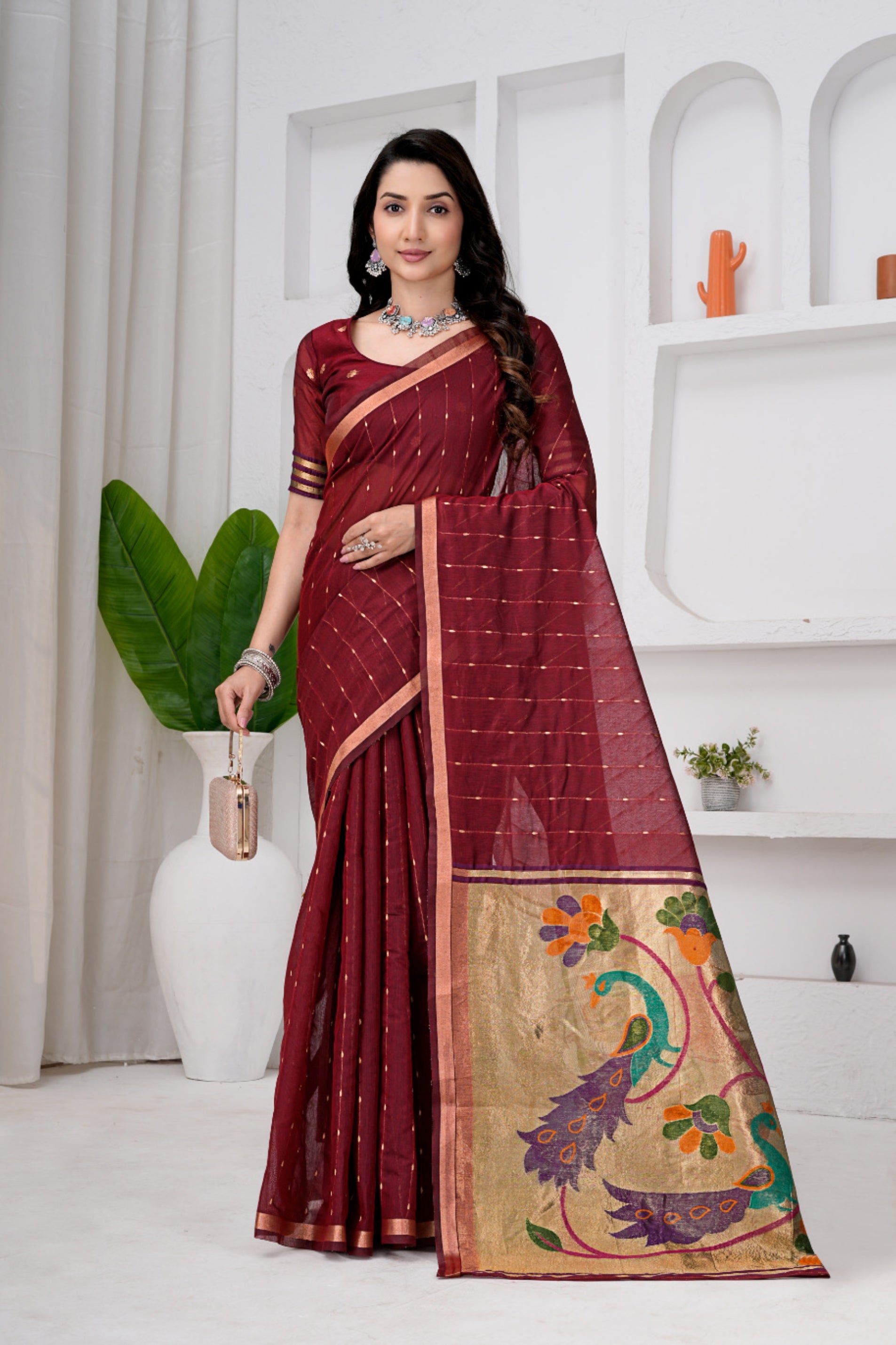 Saumyani Fashion Cotton Silk Maroon Jamdani saree Wedding Wear,Festival wear Saree For Women