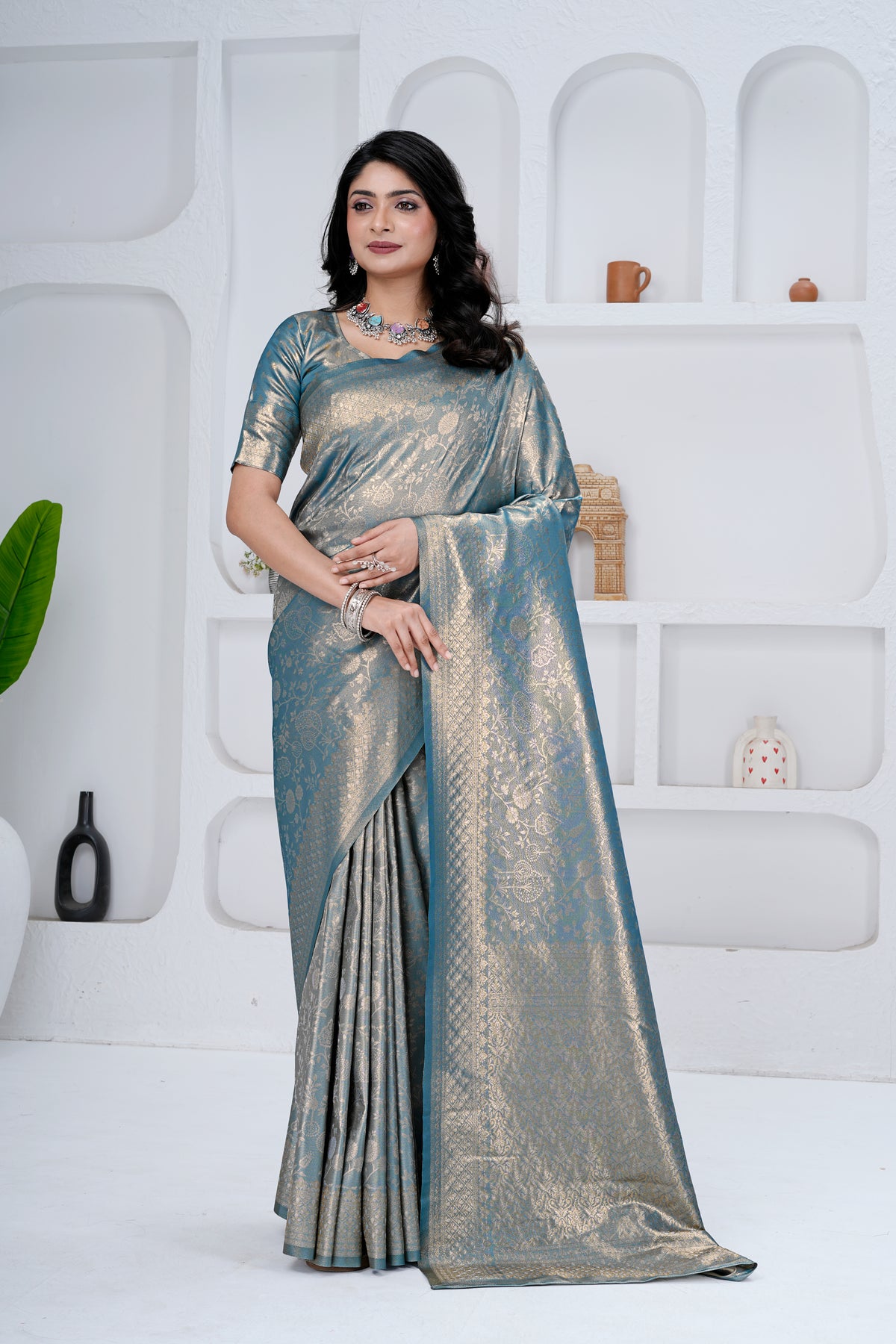 Saumyani Fashion Blue Kanjivaram Silk saree Wedding Wear,Festival wear Saree For Women