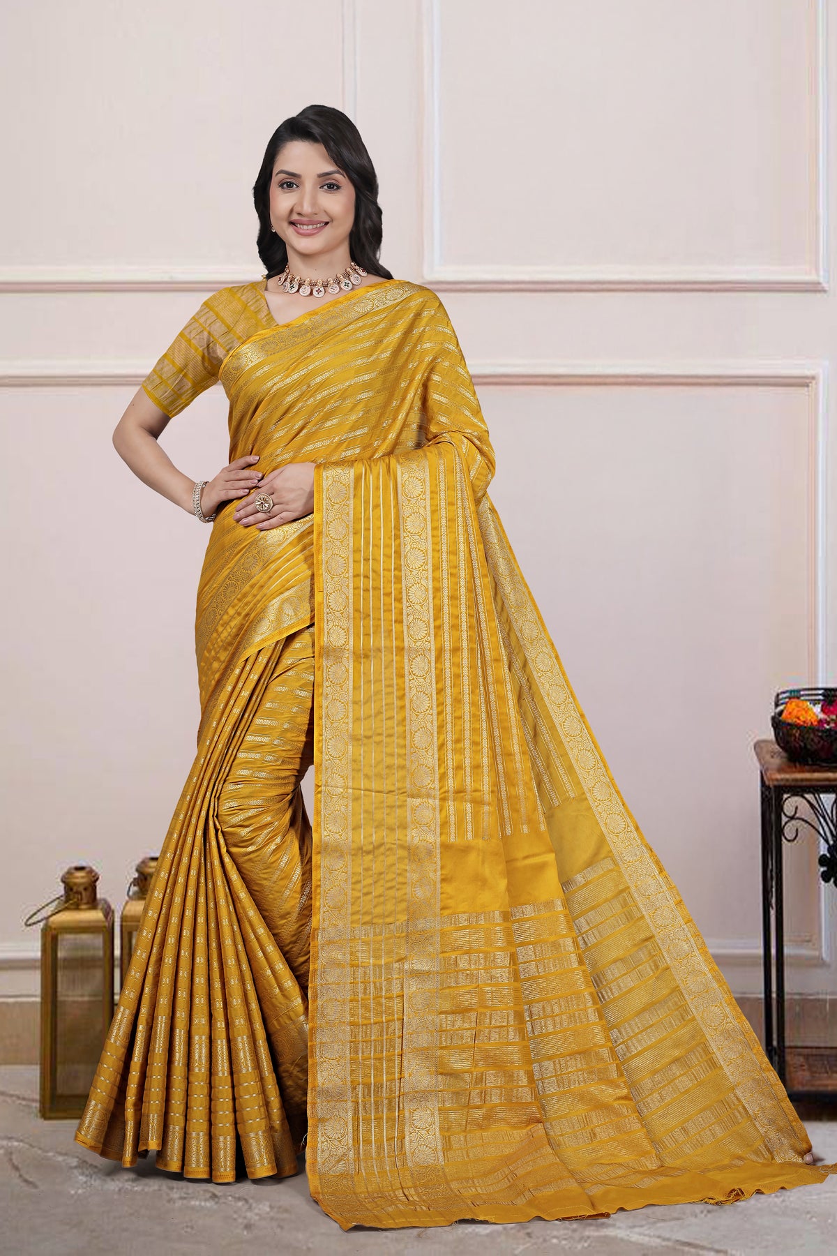 Saumyani Fashion  Maysuri Double Golden Border Mysore Silk Party Wear Saree