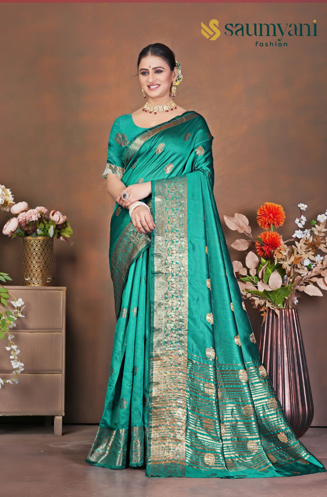 Saumyani Fashion Litchi Silk Green saree Wedding Wear,Festival wear Saree For Women