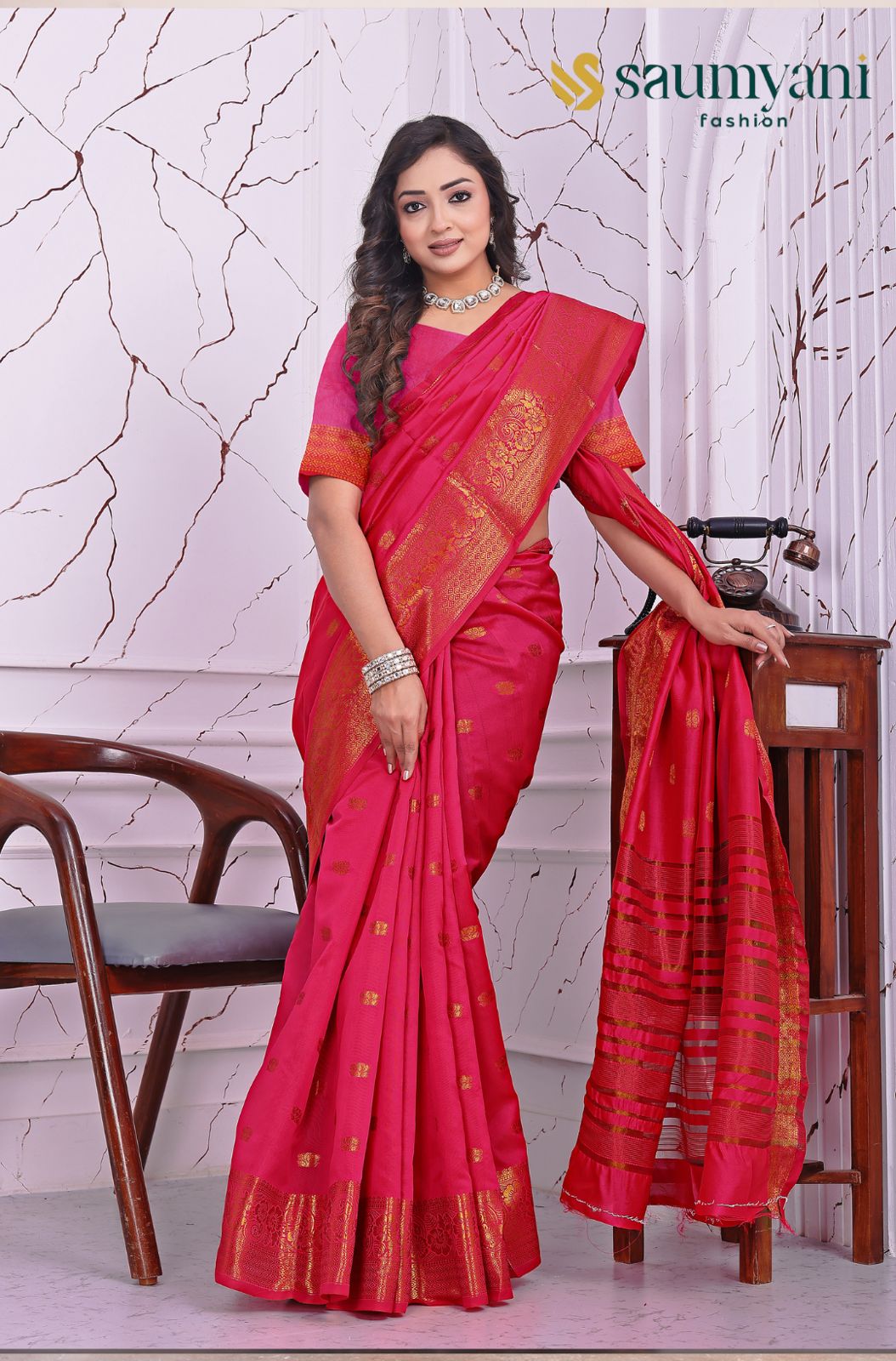 Saumyani Fashion Litchi Silk Red saree Wedding Wear,Festival wear Saree For Women