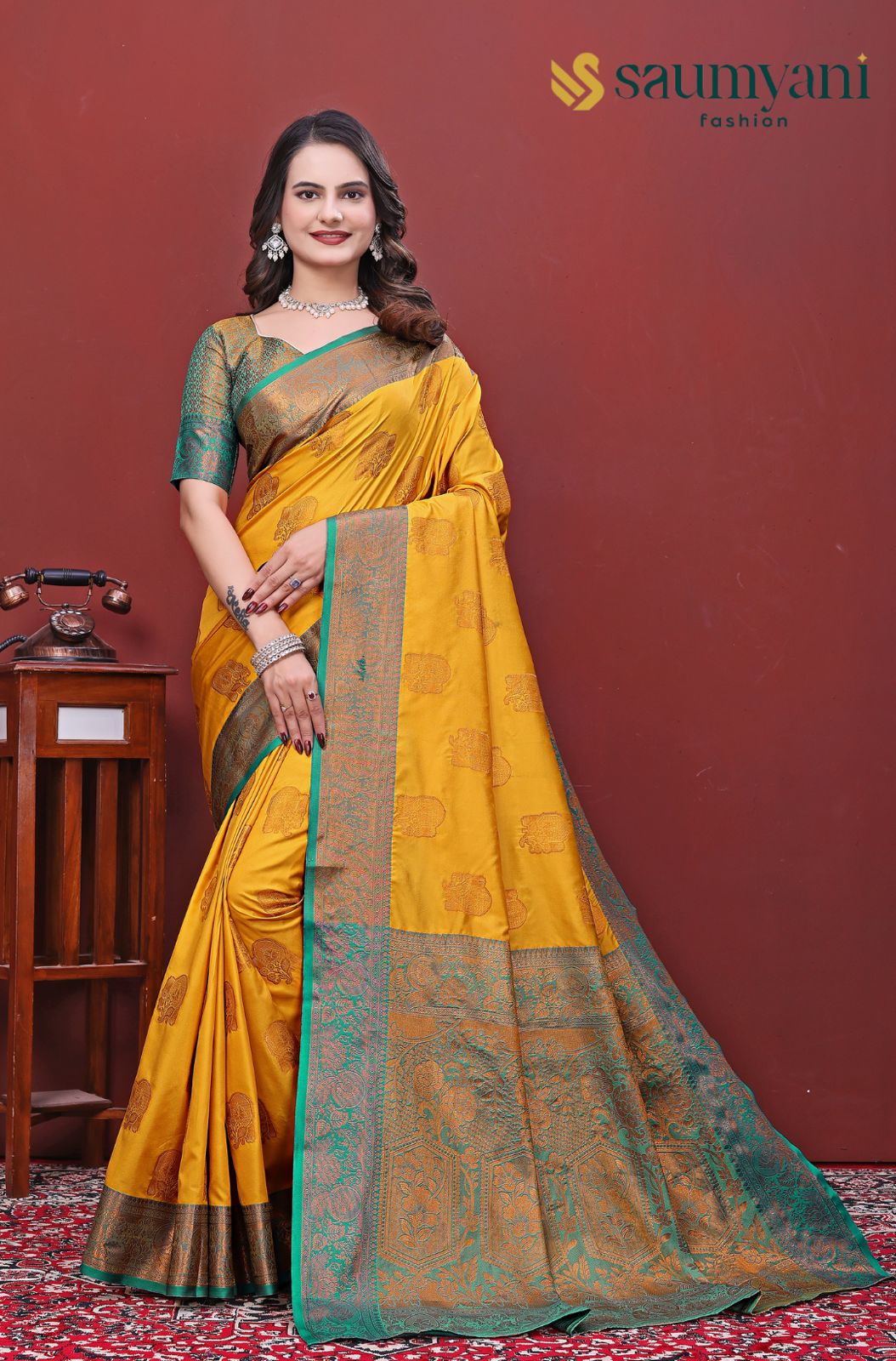 Saumyani Fashion South Indian Silk Yellow saree Wedding Wear,Festival wear Saree For Women