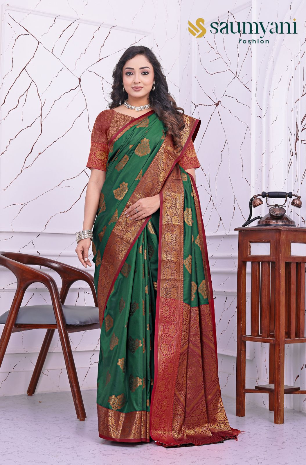 Saumyani Fashion South Indian Silk Dark Green saree Wedding Wear,Festival wear Saree For Women