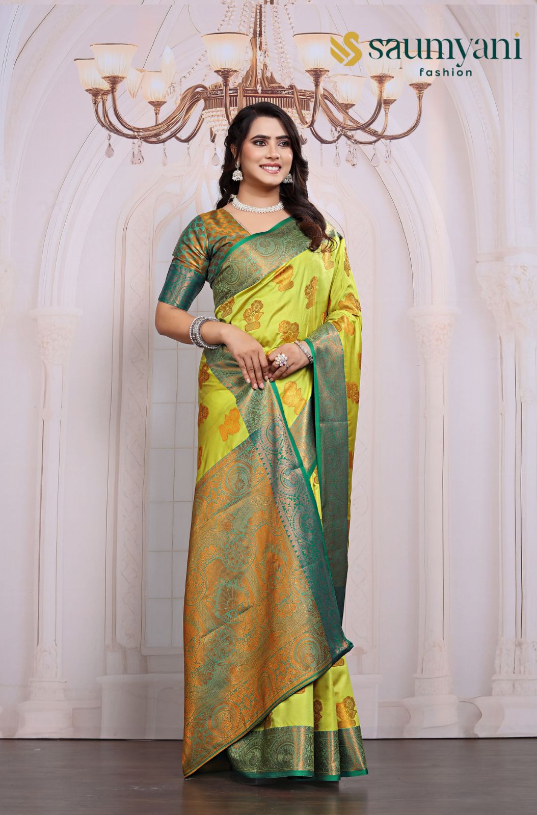 Saumyani Fashion South Indian Silk Lemon Yellow saree Wedding Wear,Festival wear Saree For Women