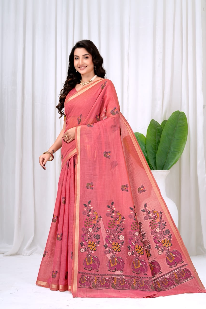 Saumyani Fashion Cotton Silk Pink Fancy Saree Wedding Wear,Festival wear Saree For Women