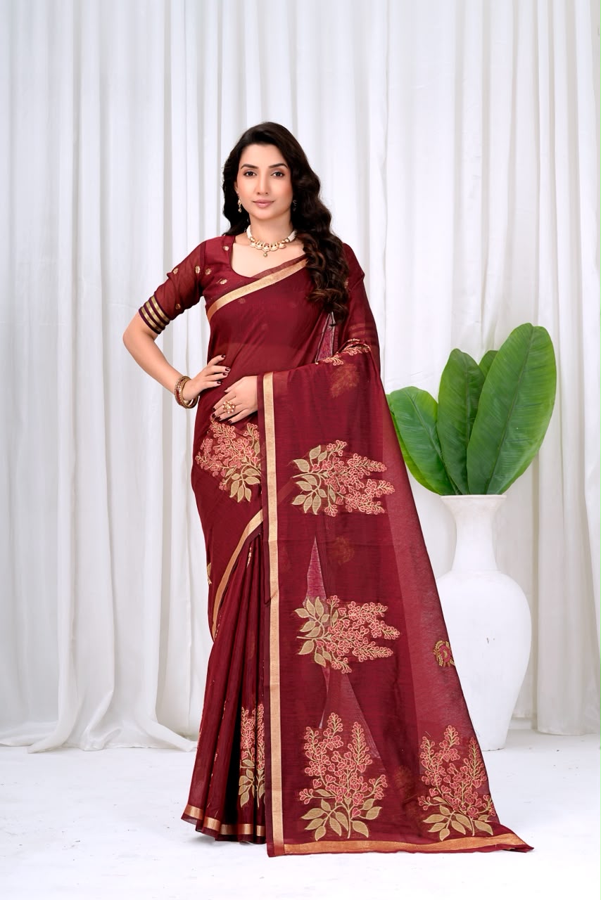 Saumyani Fashion Cotton Silk Maroon Fancy Saree Wedding Wear,Festival wear Saree For Women