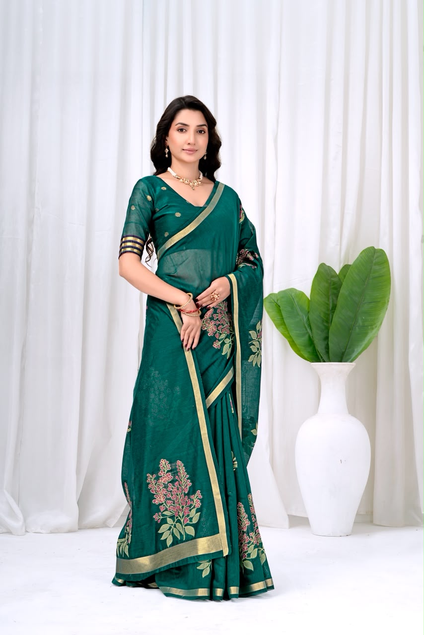 Saumyani Fashion Cotton Silk Green Fancy Saree Wedding Wear,Festival wear Saree For Women