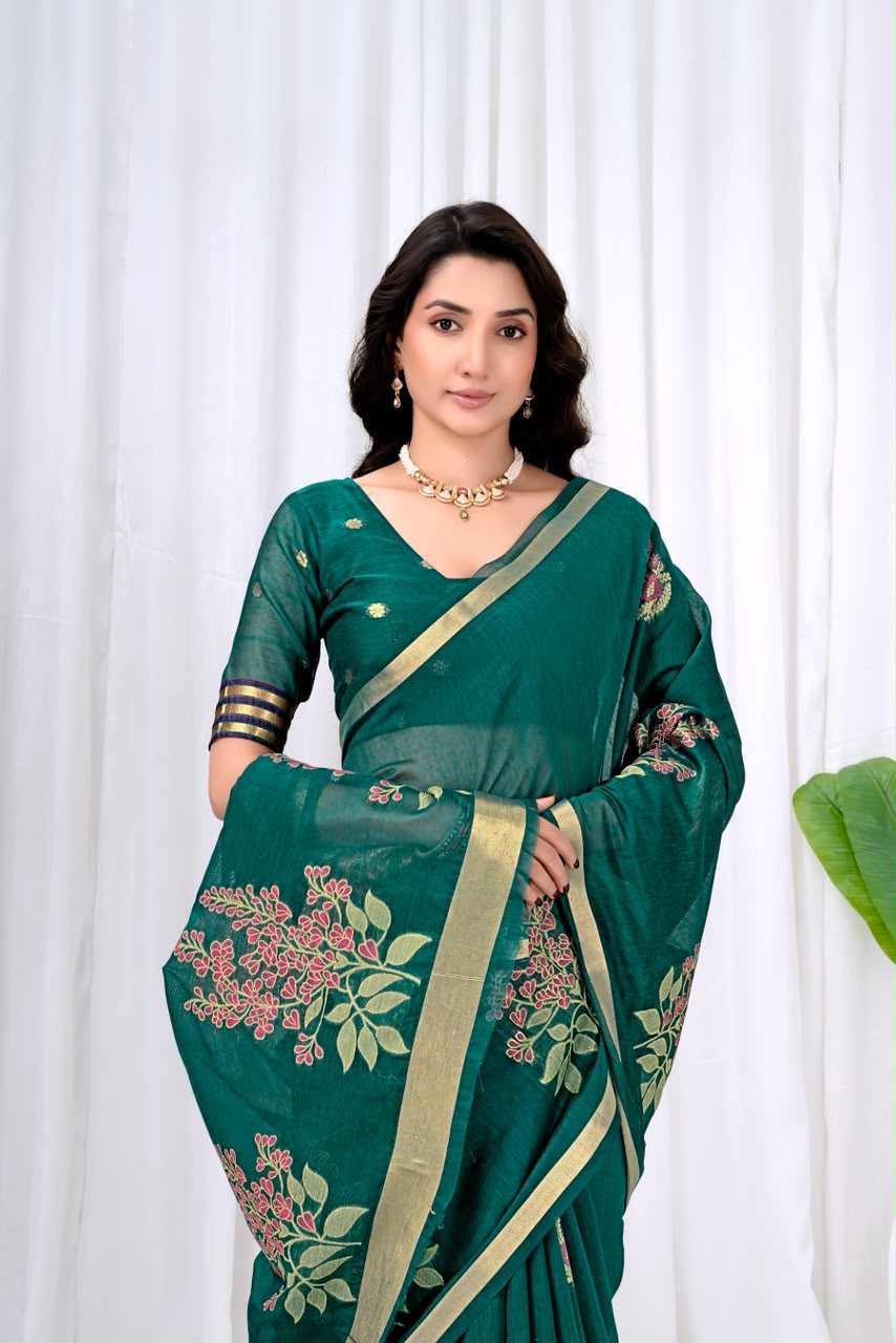 Saumyani Fashion Cotton Silk Green Fancy Saree Wedding Wear,Festival wear Saree For Women