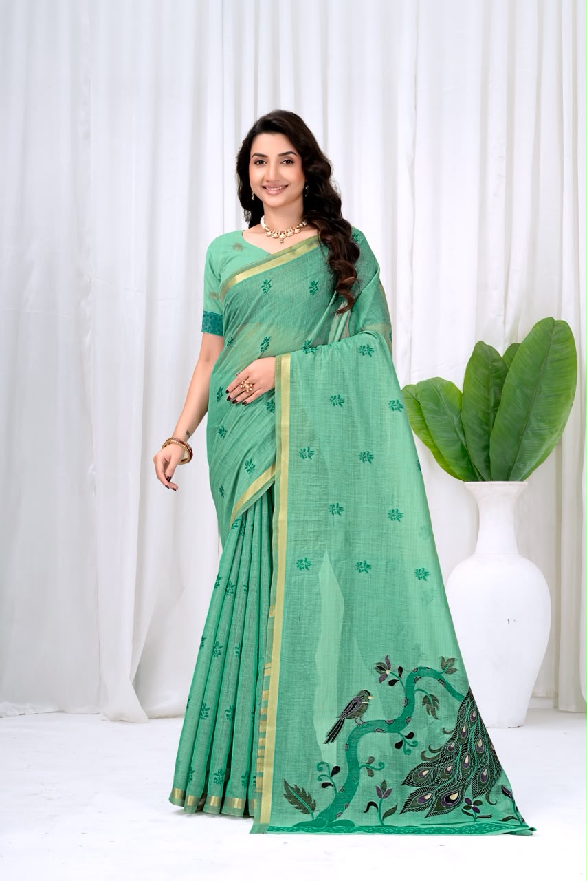 Saumyani Fashion Cotton Silk Green Fancy Saree Wedding Wear,Festival wear Saree For Women