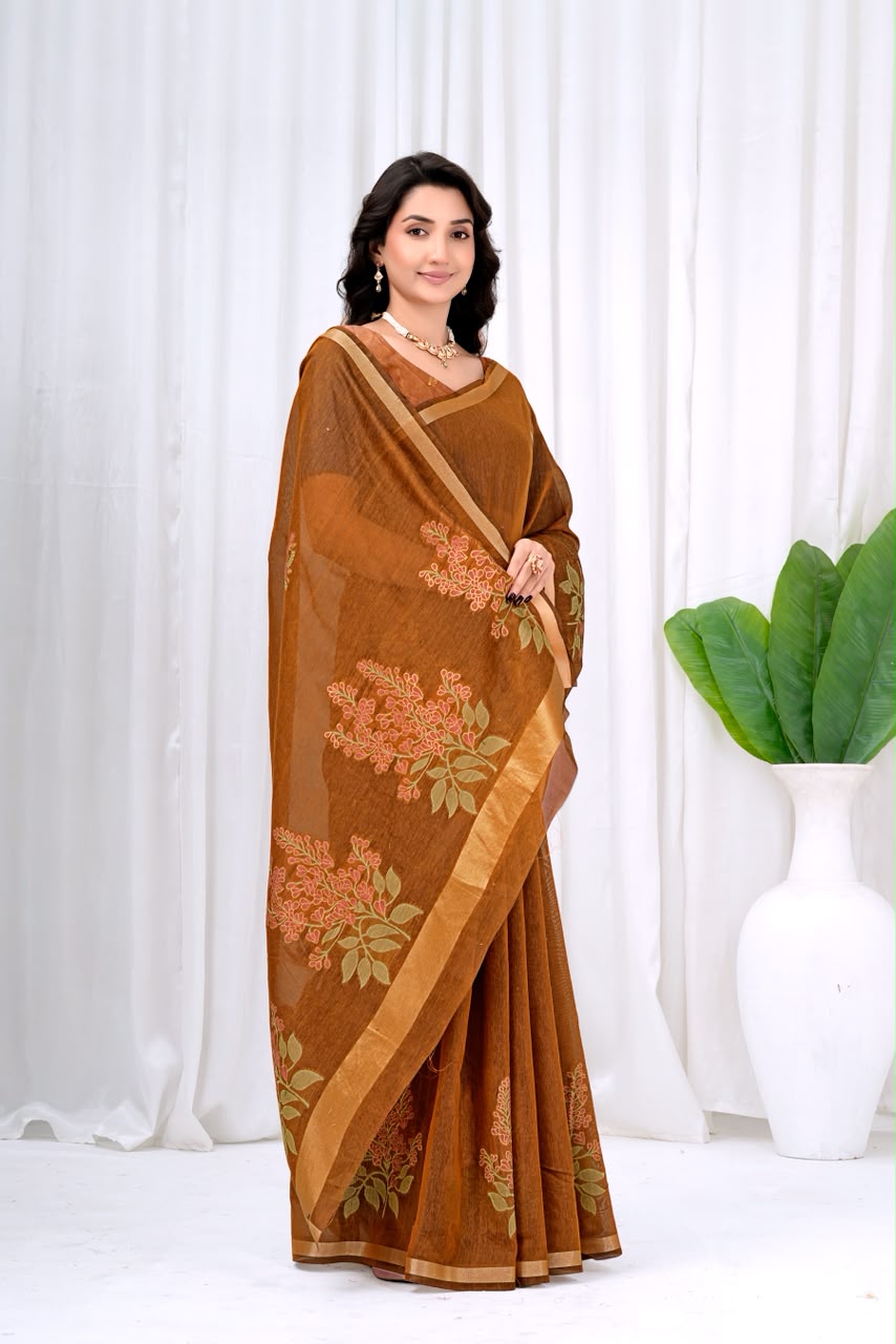 Saumyani Fashion Cotton Silk Brown Fancy Saree Wedding Wear,Festival wear Saree For Women