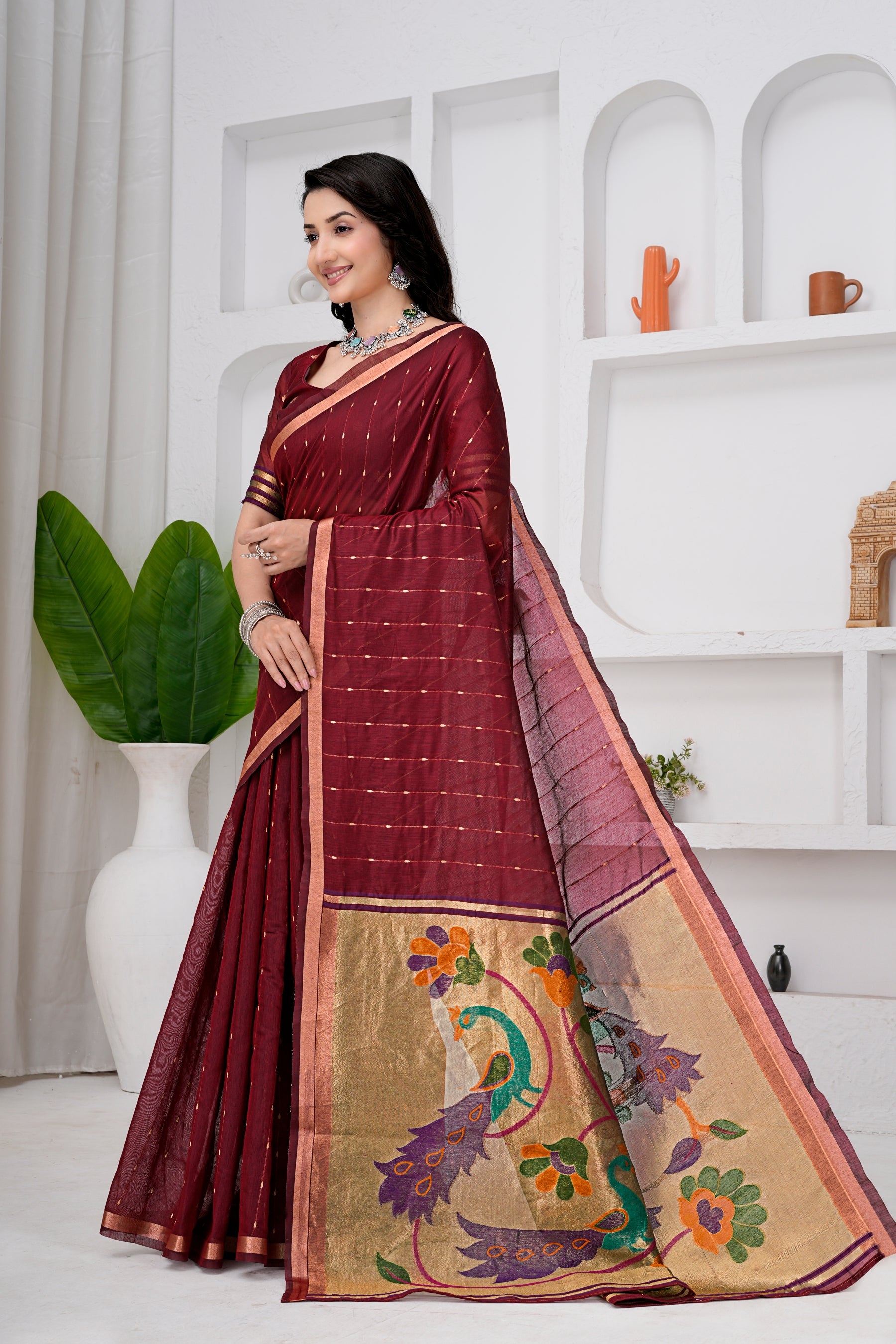 Saumyani Fashion Cotton Silk Maroon Jamdani saree Wedding Wear,Festival wear Saree For Women