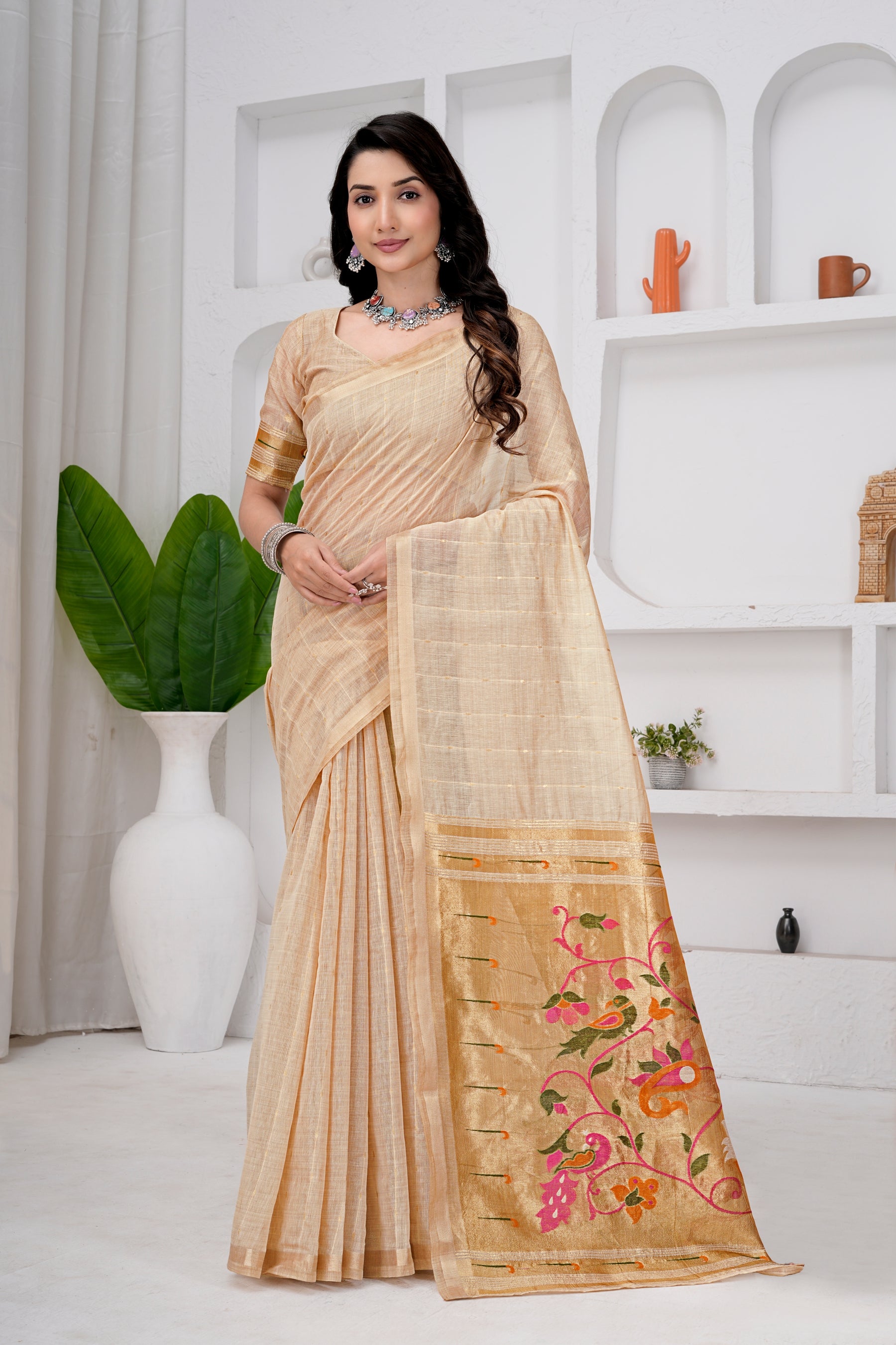 Saumyani Fashion Cotton Silk Golden Jamdani saree Wedding Wear,Festival wear Saree For Women