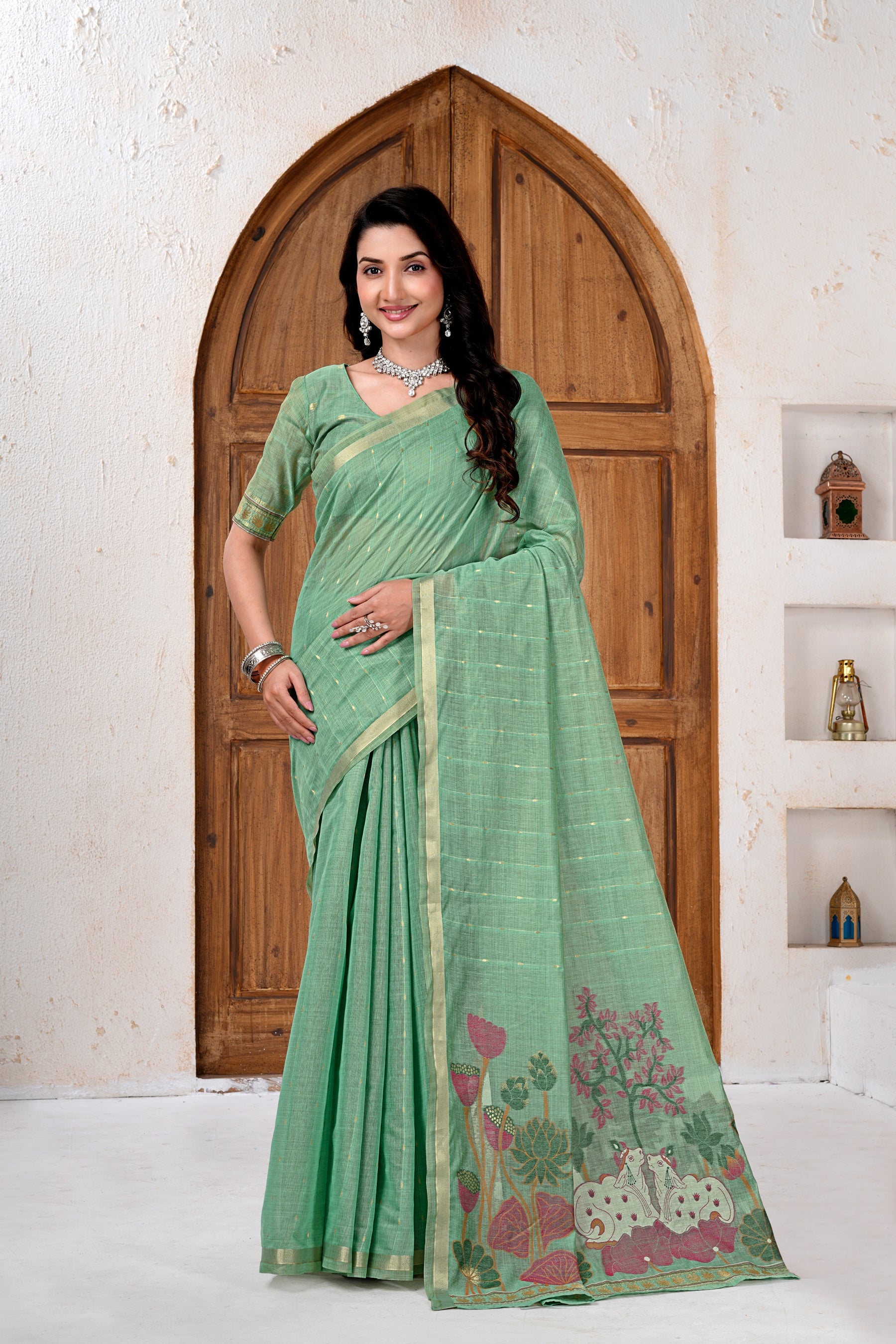 Saumyani Fashion Cotton Silk Parrot Green Jamdani saree Wedding Wear,Festival wear Saree For Women