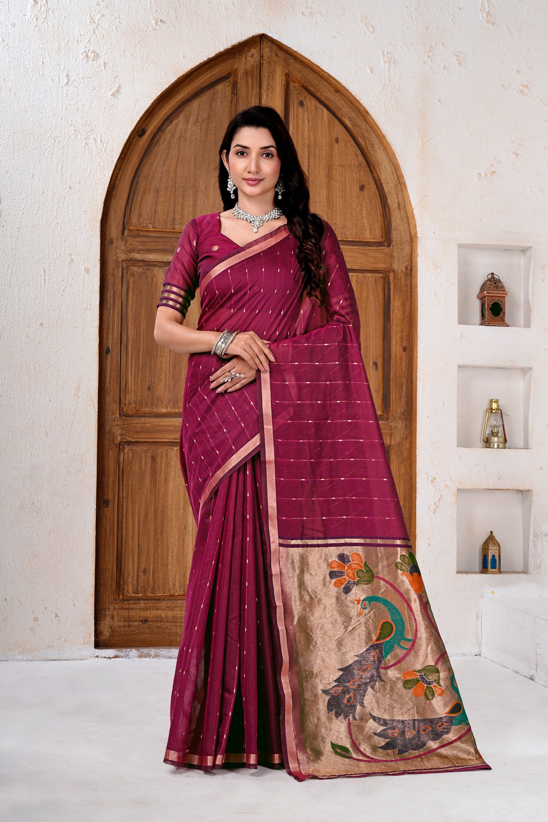 Saumyani Fashion Cotton Silk Maroon Jamdani saree Wedding Wear,Festival wear Saree For Women